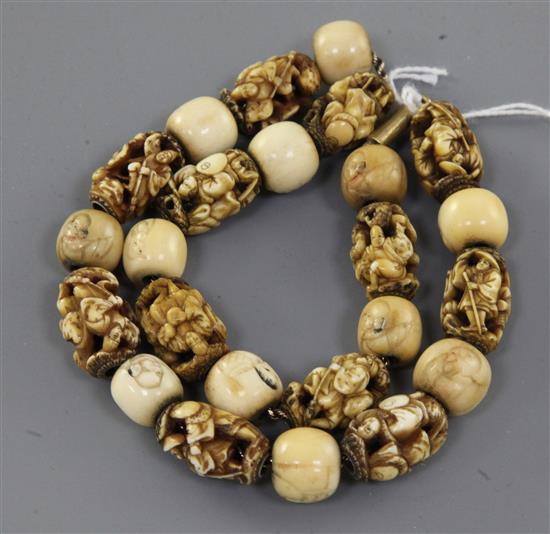 A Japanese ivory and bone Ojime bead necklace, late 19th century,